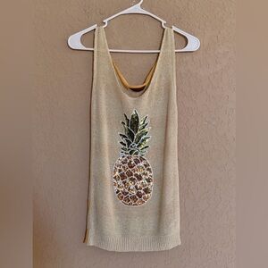 Sequin Pineapple Knit Tank Top Small Cream Mustard Stripe Summer Sweater